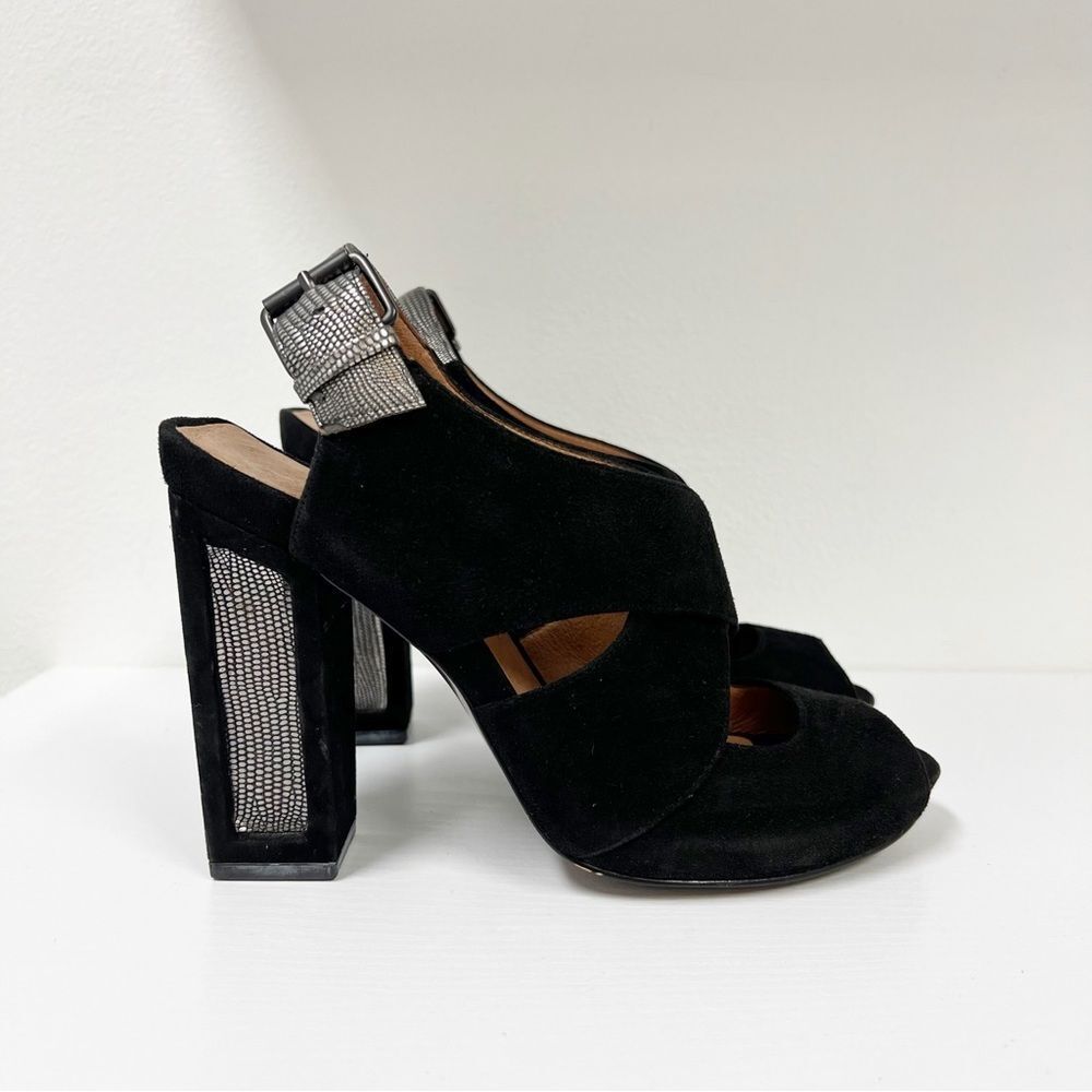 Anthropologie No 704b Olivia Black Suede Peep Toe Heel Metallic 37 7‎
